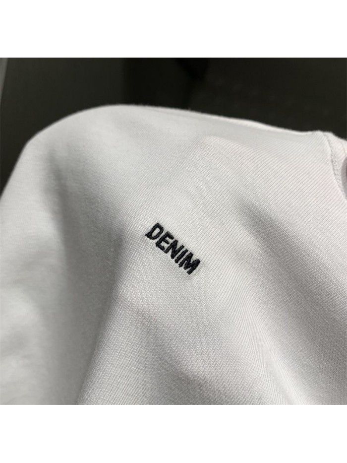 Men's Spring/Summer New Men's Denim Panel Wide White Short Sleeve T-shirt 