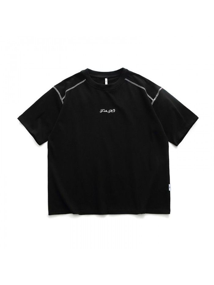 Summer New Solid Back Print Round Neck Short Sleeve Japanese Fashion High Street Loose T-shirt Men 