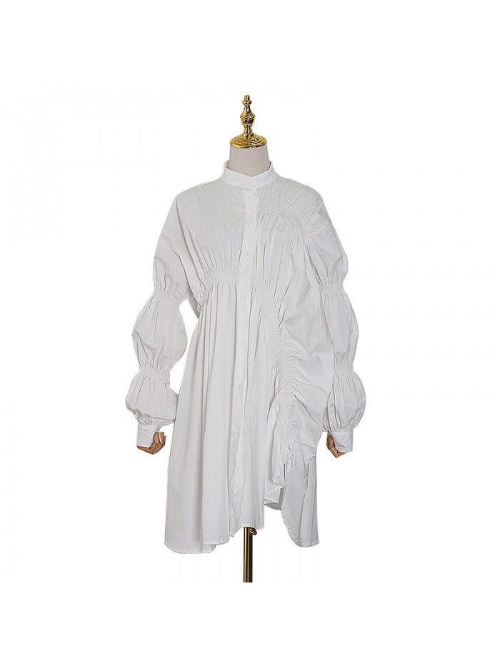 Loose personality, niche pleated trend, new fashionable temperament, lantern sleeves, solid color, irregular dress for women 