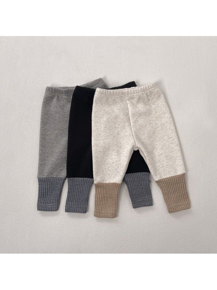 Thickened warm down pants for Korean children's clothing, baby and children's autumn style, plush patchwork bottom pants, baby winter pants 