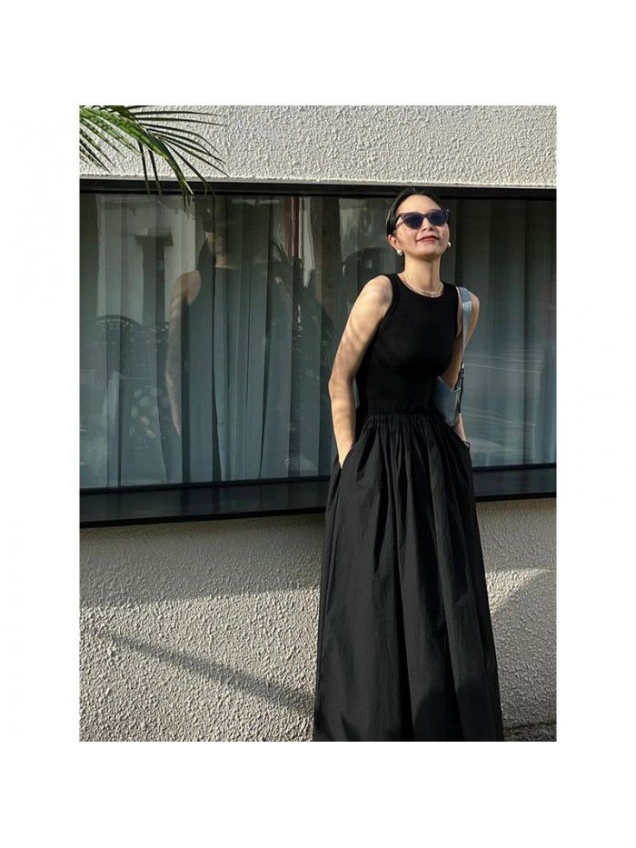 Spring/Summer New Two Color Casual Edition Solid Round Neck Needle Shuttle Panel Tank Top Long Dress 