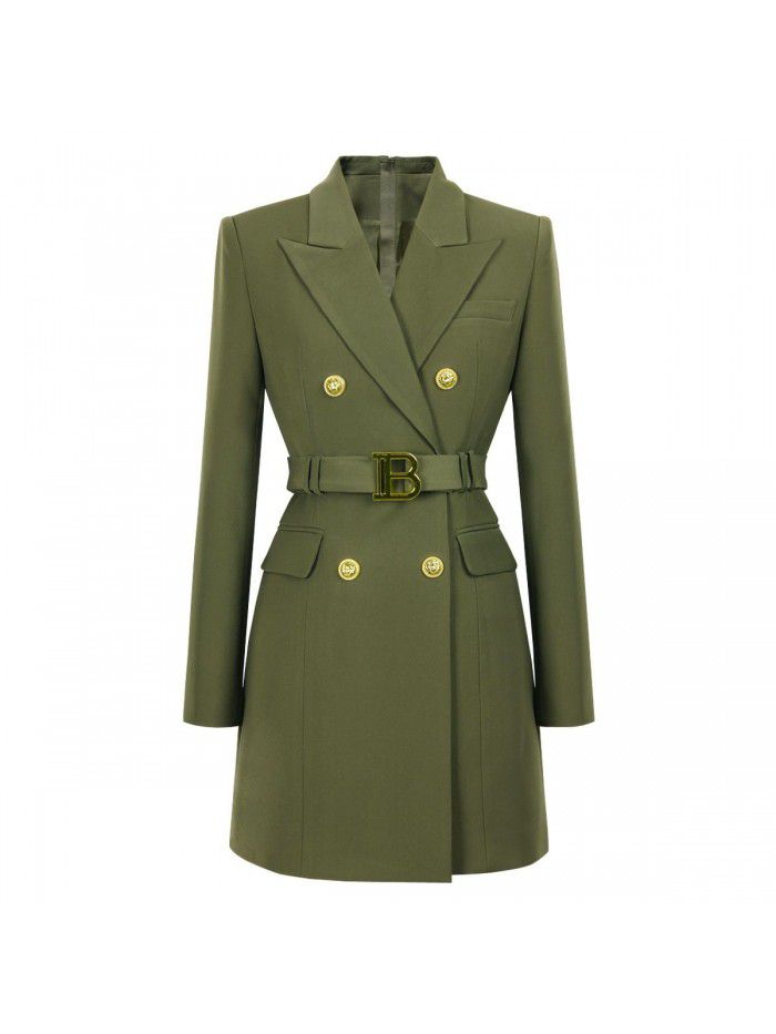 Spring and Autumn New Fashion High grade Solid Color Belt Long Sleeve Slim Fit Temperament Commuter Suit Dress Women 