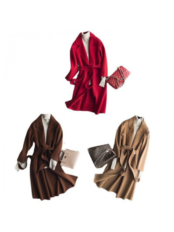 Solid color medium length double-sided wool coat, women's lace up lapel wool coat