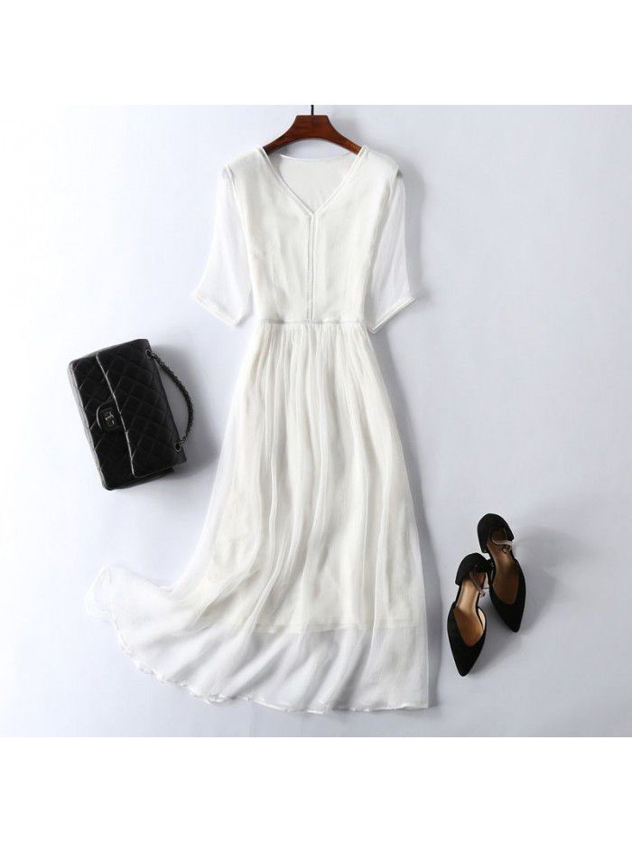 Summer New Women's Commuter Elegant Temperament White Silk Dress 