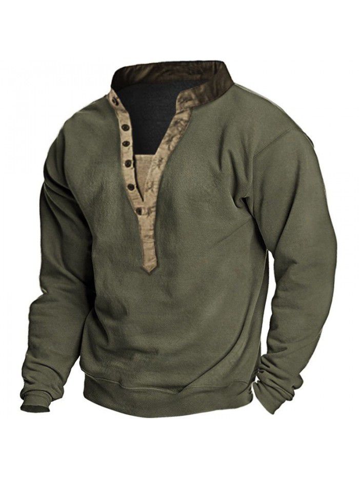 Spring T-shirt Men's Outdoor Vintage Khaki Long Sleeve Henley Neck Sweatshirt 