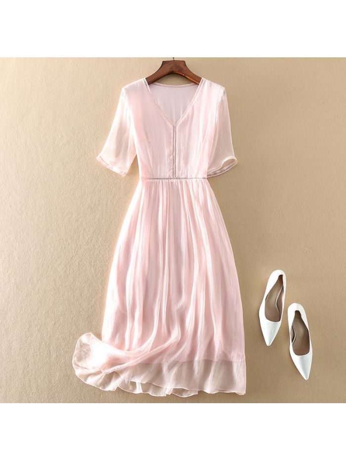 Silk Dress Women's Summer New 3/4 Sleeves Slim and Long A-line 
