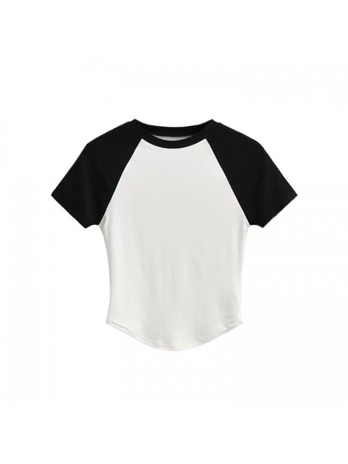 Retro panel contrast hem irregular versatile top summer basic round neck slim short t-shirt women 