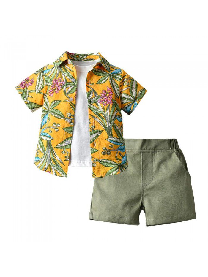 Children's Hawaii Set Boys' Fashion Flower Shirt Coat Short Sleeve T-shirt Shorts Three Piece Set 