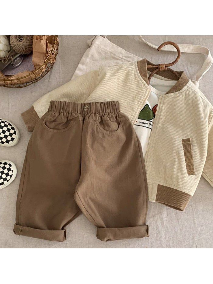 Boys' Japanese Spring and Autumn New Children's Cotton Pants for Children's Pants, Girls' Casual Pants, Solid Color, Fashionable 
