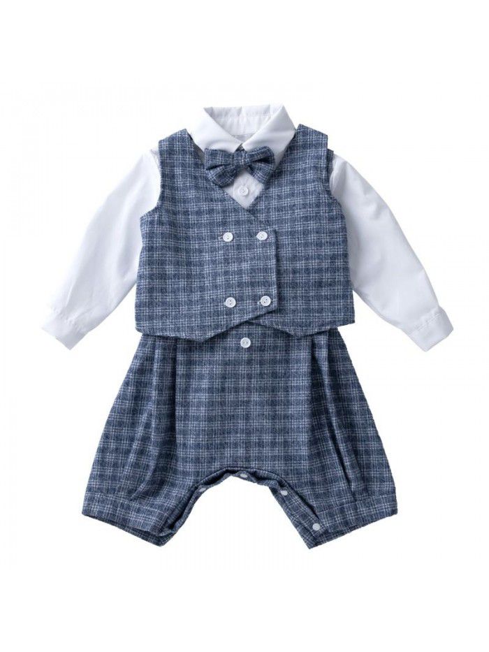 Children's Spring and Autumn Gentlemen's Dress Set Boys' Long Sleeve T-shirt Vest Strap Pants 3PK Set 