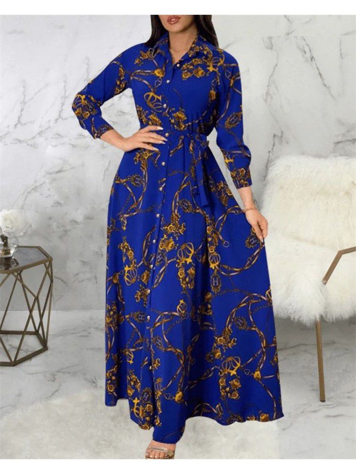 New retro floral print single breasted belt long dress 