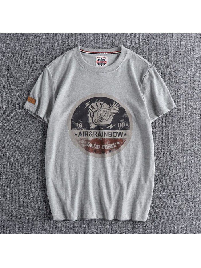 New Washed Brushed Skeleton Head Printing Foreign Trade Retro Round Neck Short Sleeve T-shirt Men's Half Sleeve T 