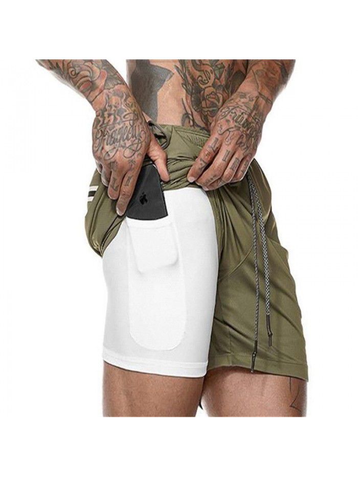 Men's double layer shorts, solid mesh sports and fitness training pants, five point casual pants, men's pants 