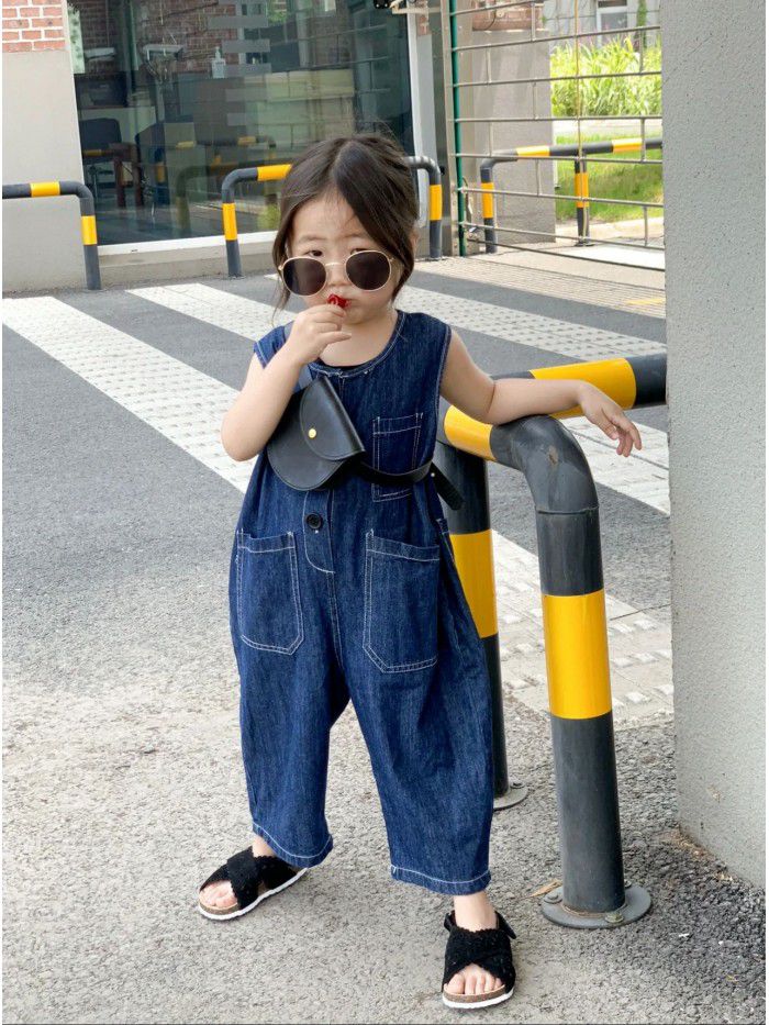 Children's Bodysuit Strap Pants Spring/Summer Boys' and Girls' Korean Version Fashion Loose Workwear Sleeveless Denim Bodysuit 