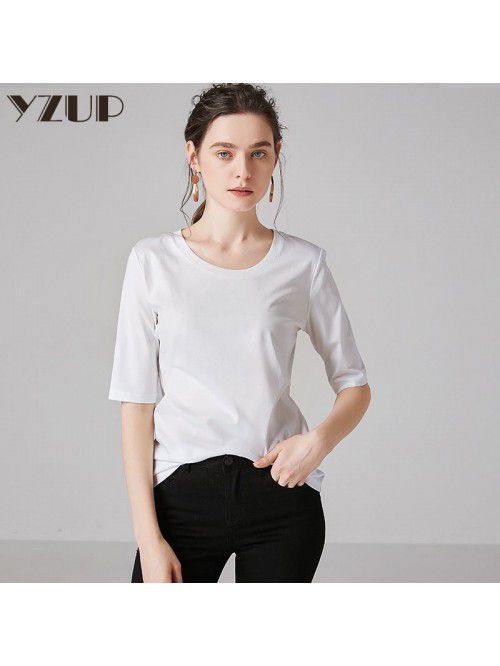 New autumn mercerized cotton medium sleeve round n...