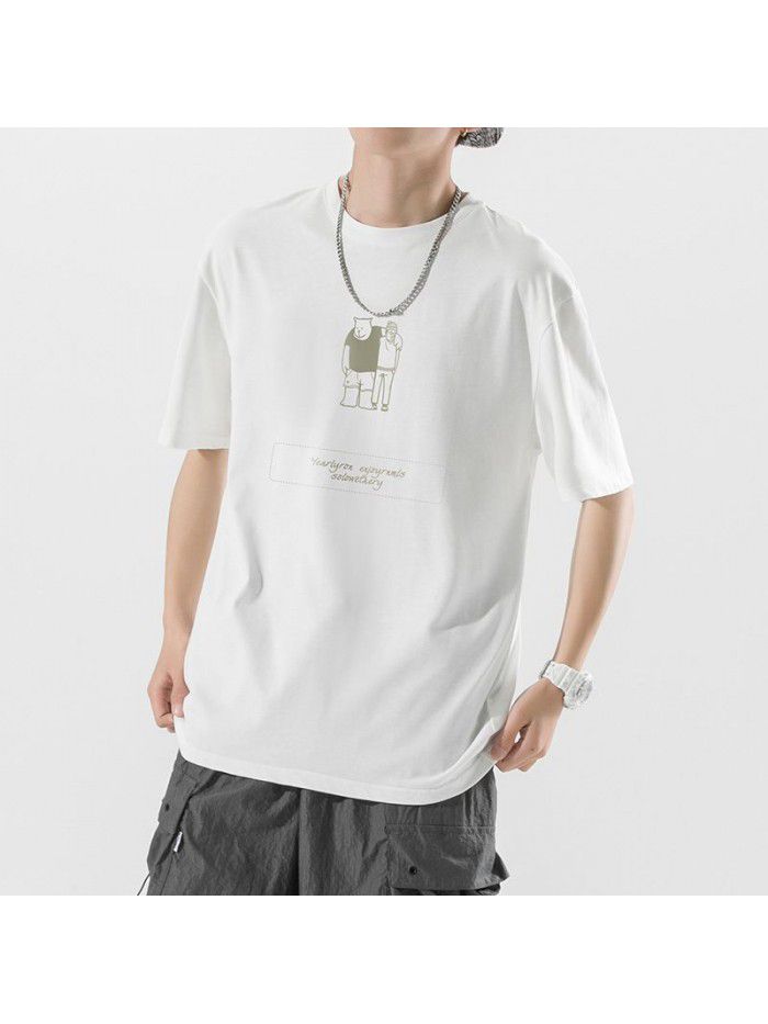 Cotton short sleeved T-shirt for men's summer new trend ins printed T-shirt for couples loose fitting casual versatile top 