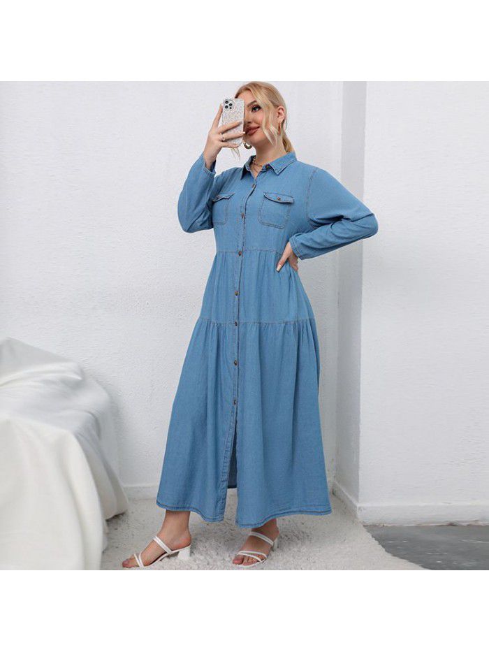 High waisted blue denim long dress cardigan temperament commuting women's denim 