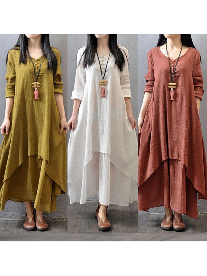 Spring and autumn holiday two-piece long skirt, artistic large linen dress, loose long-sleeved cotton and linen skirt 