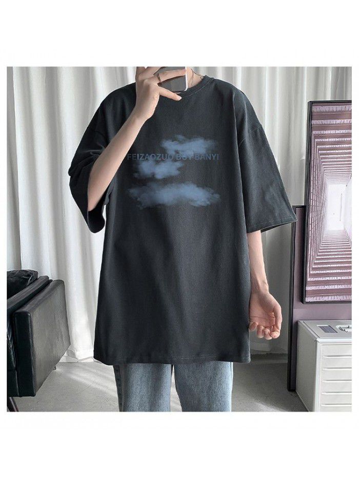 New pure cotton short sleeved T-shirt for men's creative trendy brand loose fitting men's half sleeved round neck T-shirt for men's clothing 