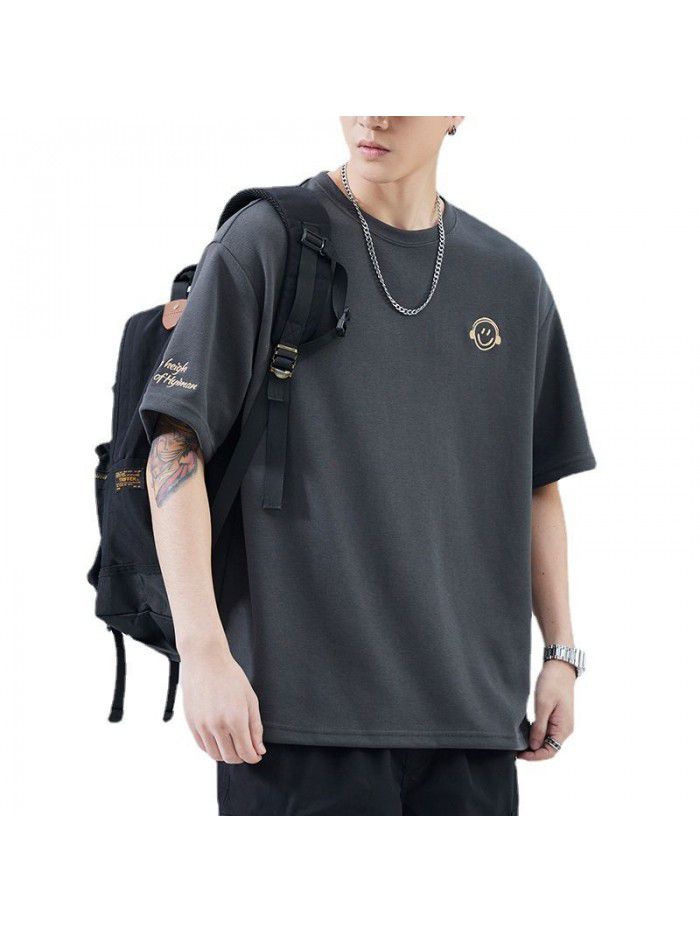 Summer New Embroidery Small Icon Short Sleeve T-shirt for Men's Loose Fashion Versatile Wear 