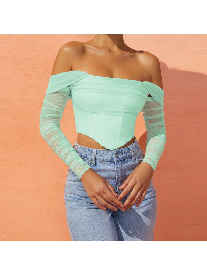mesh fishbone perspective one line collar exposed navel short T-shirt top for women 