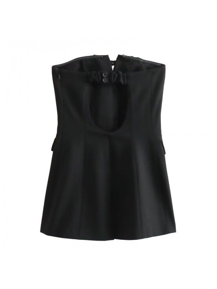 Autumn New Women's Versatile Solid Color One Line Neck Lace up Button Decoration Tight Chest Style Top 