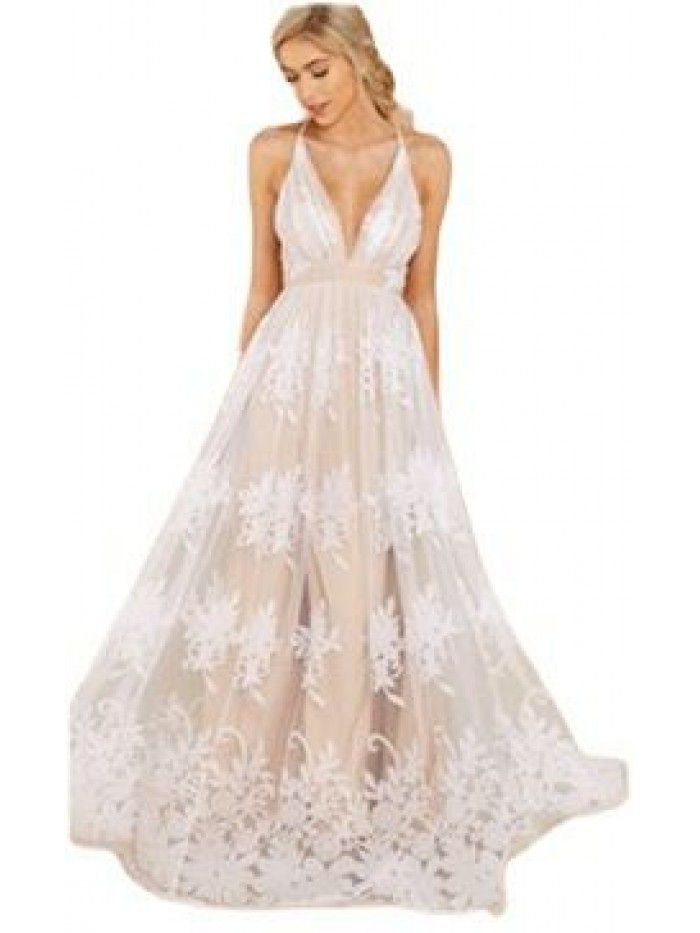 New Drop Strap Deep V Sexy Mesh Embroidered Dress One Piece Dress 