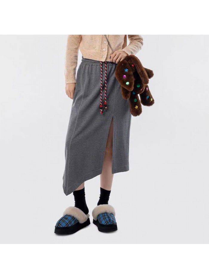 Simple and casual design, irregular split drawstring A-line half skirt, women's slim half skirt 
