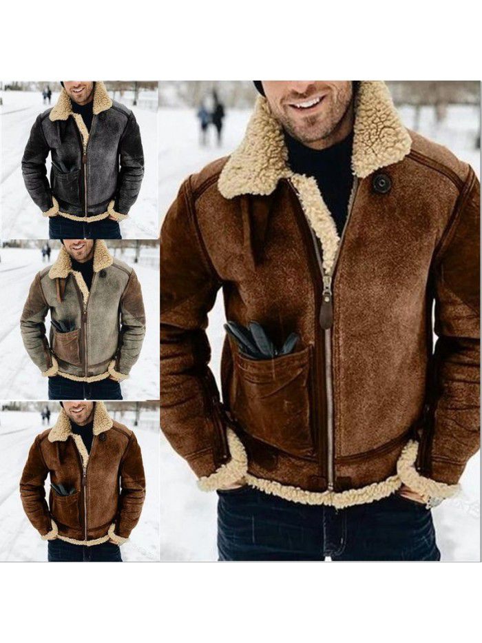 Faux leather plush men's jacket for winter warmth and fur integrated jacket 