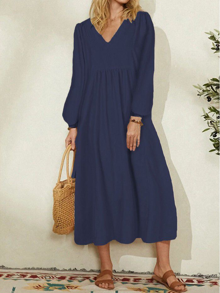 Summer New Fashion Women's Cotton Hemp Loose Lantern Sleeve Dress