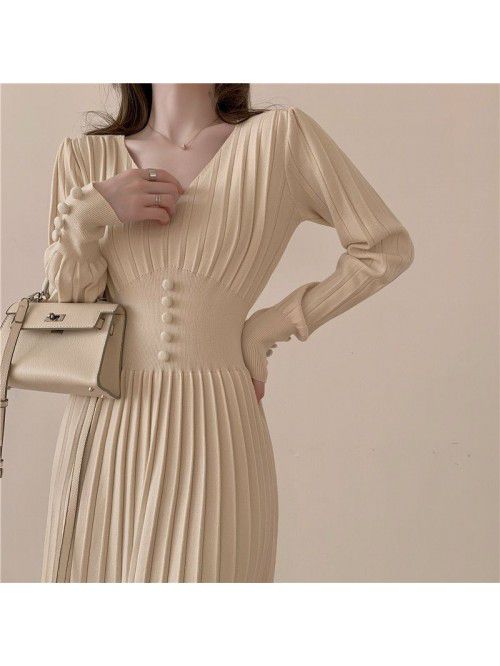 Early spring new v-neck medium-length knitted dres...
