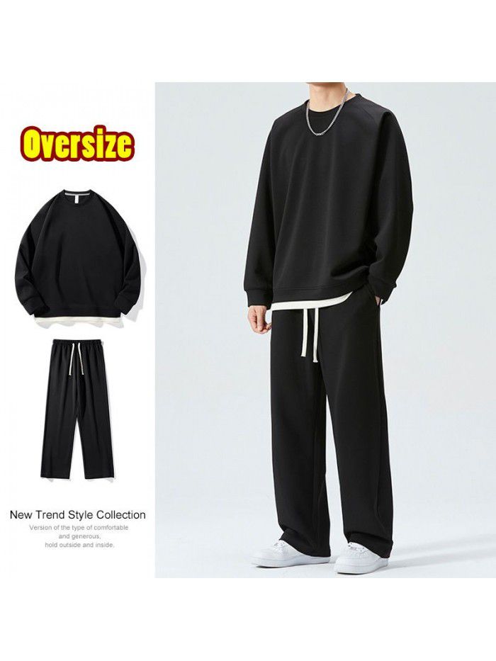Spring and Autumn Leisure Sports Set Men's Loose Round Neck Sweater and Pants Two Piece Set for Daily Simple Homewear 