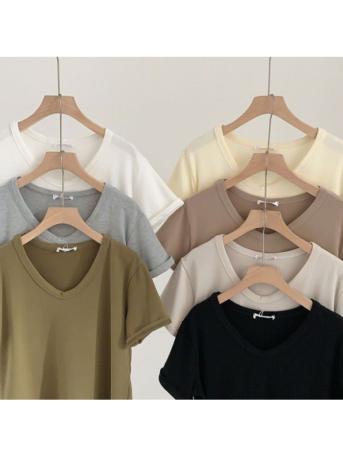 V-neck brushed T-shirt for women's early autumn new product temperament Korean Morandi solid color versatile short sleeved T-shirt for women 