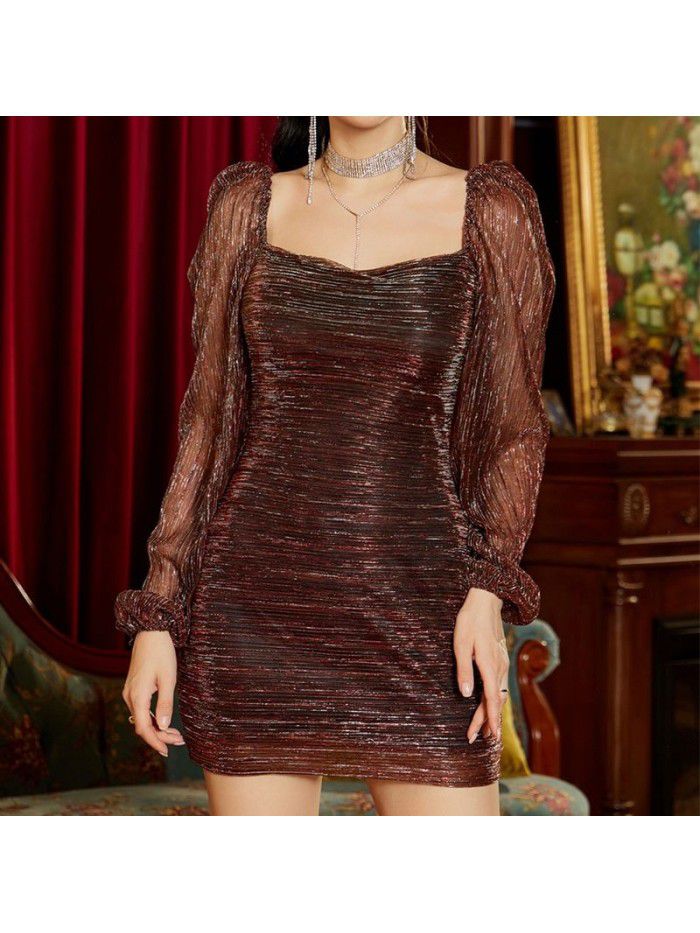 Bubble Sleeve Square Neck French Long Sleeve Slide Silk Celebrity Metal Wrap Hip Dress  Bubble Sleeve Square Neck French Long Sleeve Slide Silk Celebrity Metal Wrap Hip Dress