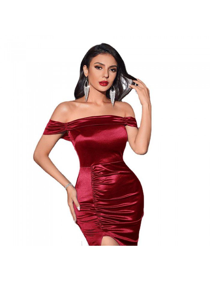 Premium Off Shoulder Colored Split Evening Dress Bridesmaid Dress Long Dress 