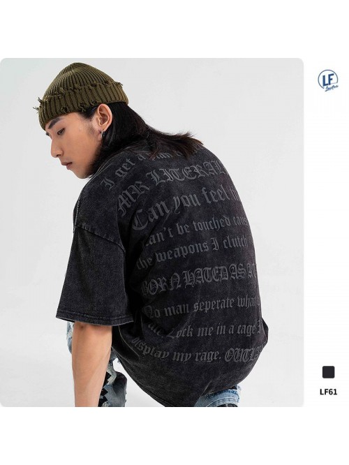 Text Printing Small Neckline Drop Shoulder Loose F...