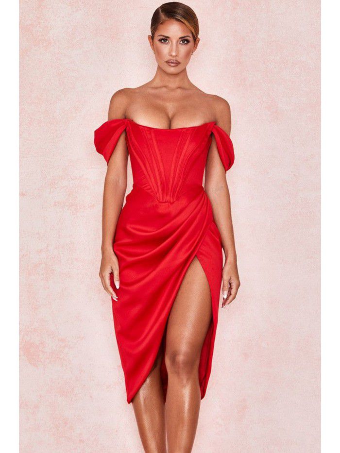 Solid color fishbone suspender sexy slit dress for women 