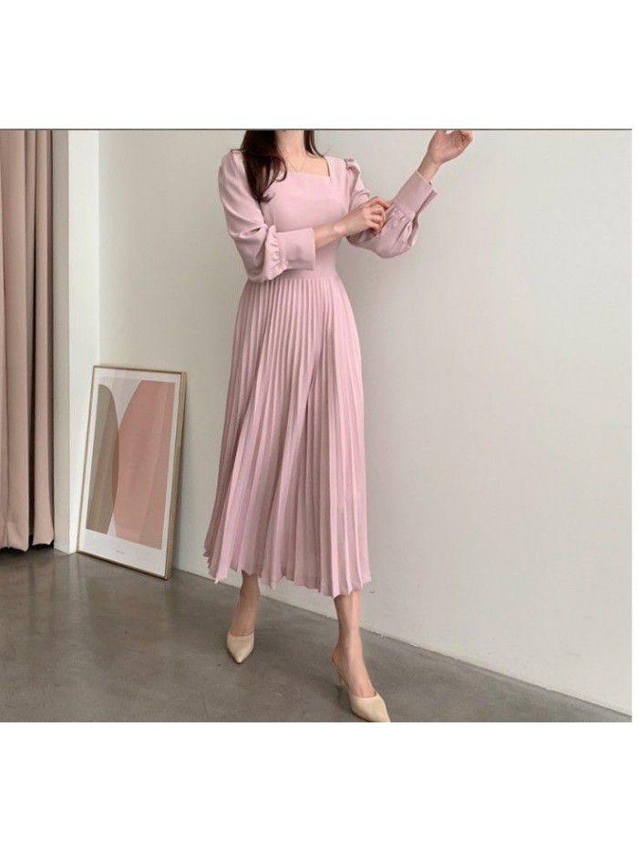 Spring and Autumn Korean Version New Style Temperament Ladies Waist Waist Slim Square Neck Pullover 100 Pleated Long Dress 