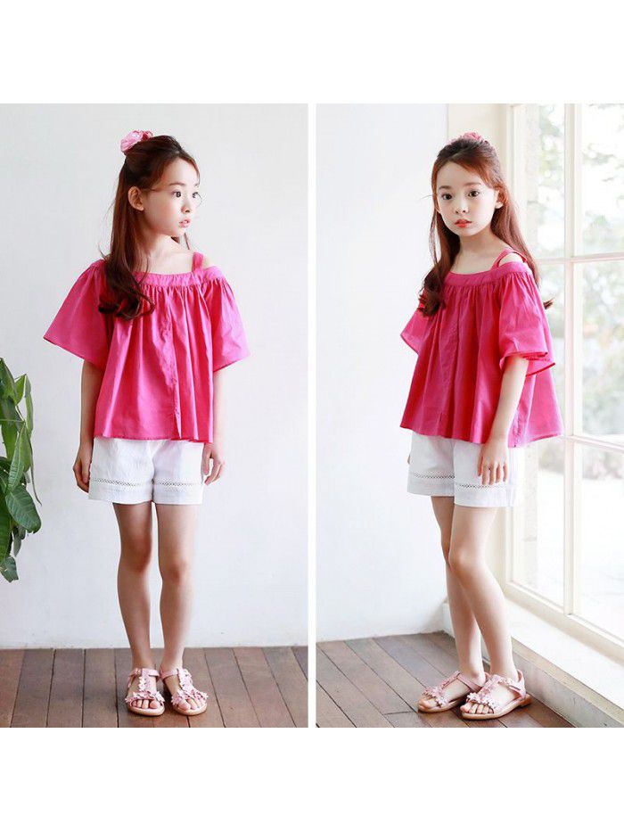 2023 New Summer Korean Edition Children's Off Shoulder Mid size Top Short Sleeve T-shirt for Girls One Piece Replacement A422 