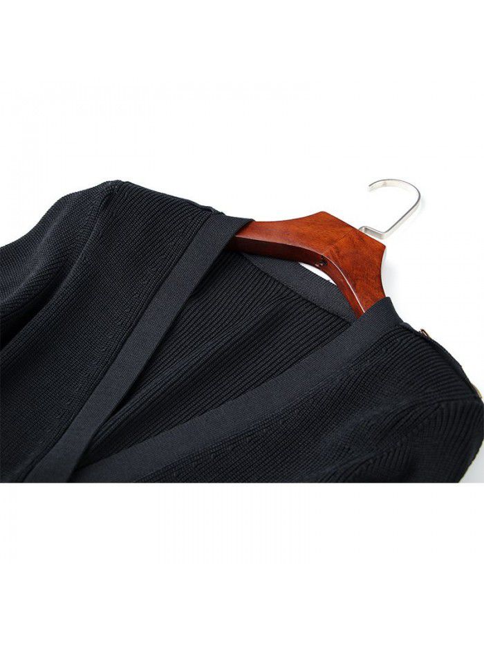 French Vintage Dress Early Autumn Metal Button Art Light Luxury Chain Decoration Wrap Hip Skirt Elastic Knit Skirt 