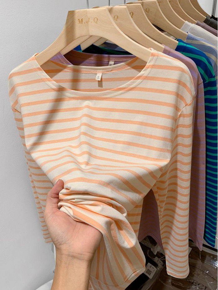 Cotton loose striped bottom shirt for women with spring and autumn Korean design sense long-sleeved T-shirt round neck versatile top 
