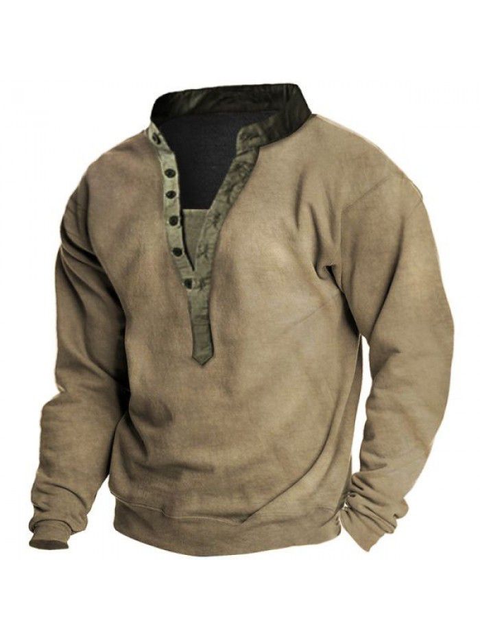 Spring T-shirt Men's Outdoor Vintage Khaki Long Sleeve Henley Neck Sweatshirt 