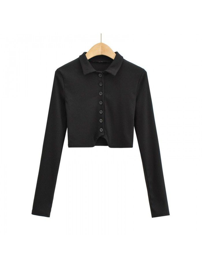 Polo polo collar long-sleeved blouse women's new style pure hot girl slim fit single breasted high waist exposed navel short t-shirt 