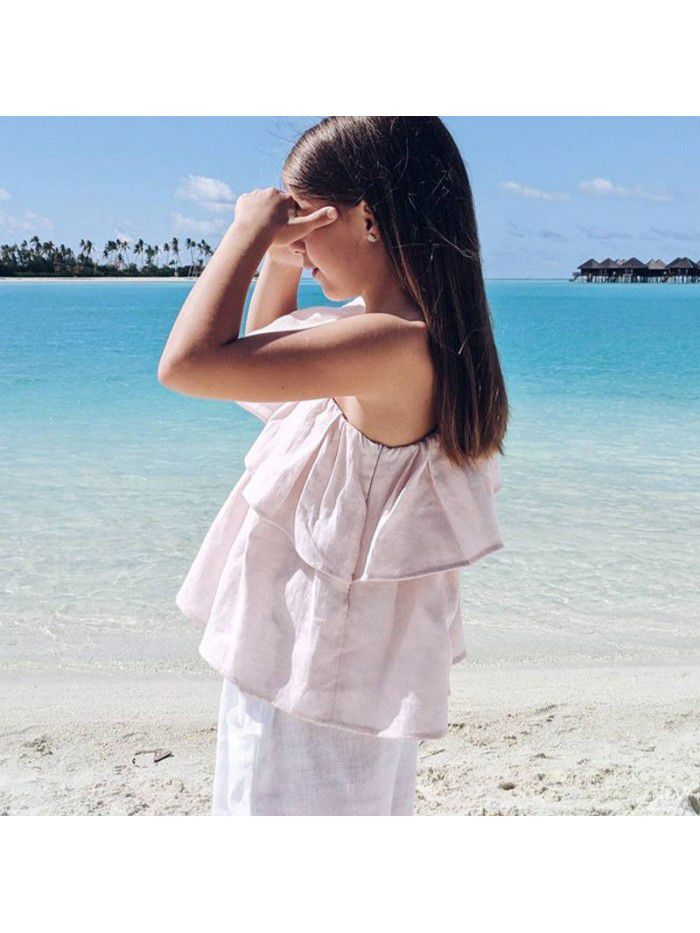 Girls' cotton and linen top girls' diagonal shoulder double-layer ruffle design sense summer children's clothing princess style sleeveless T-shirt 