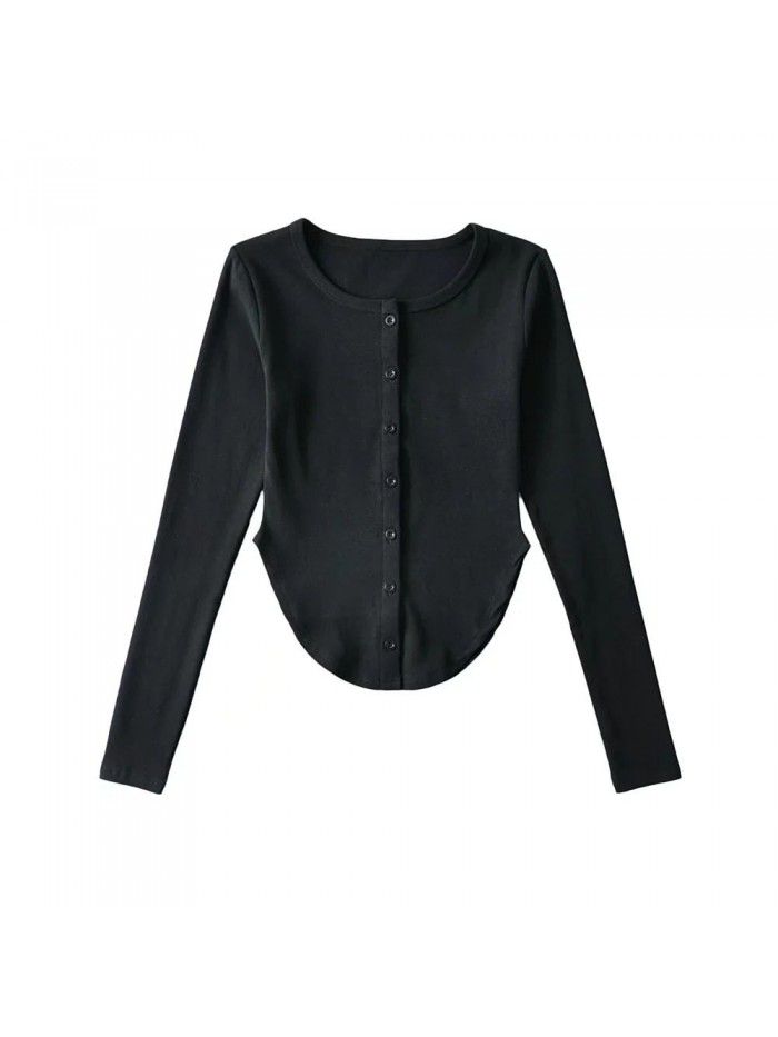 Irregular U-shaped hem long sleeved T-shirt for women with pure lust design, slim fit and slimming bottom top 