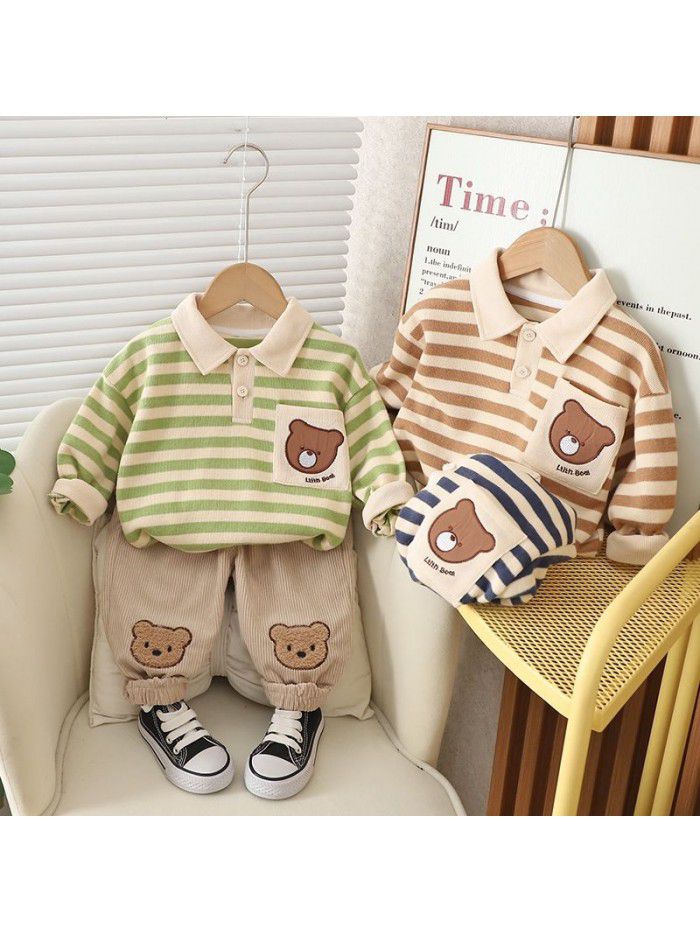 Children's Autumn Style Boys' Cute Striped Little Bear Polo Shirt Long Sleeve Sweater Pants Two Piece Set 