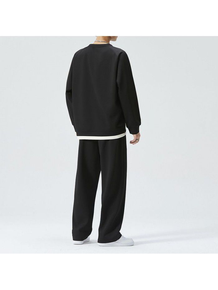Spring and Autumn Leisure Sports Set Men's Loose Round Neck Sweater and Pants Two Piece Set for Daily Simple Homewear 