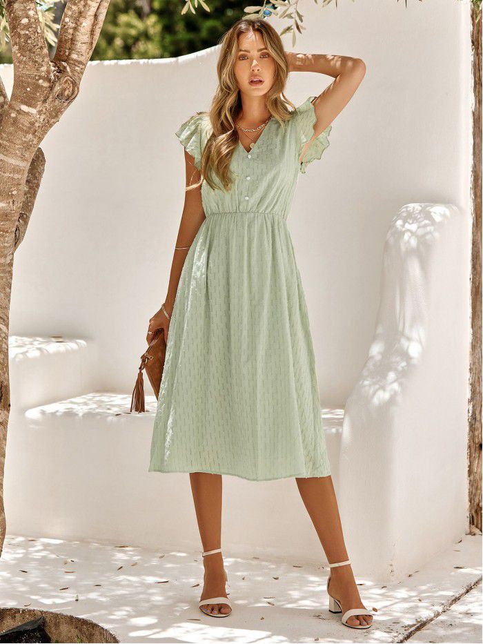Summer New Casual Women's Wear European and American Solid V-Neck Waist Wrapped Fresh Style Dress for Women 