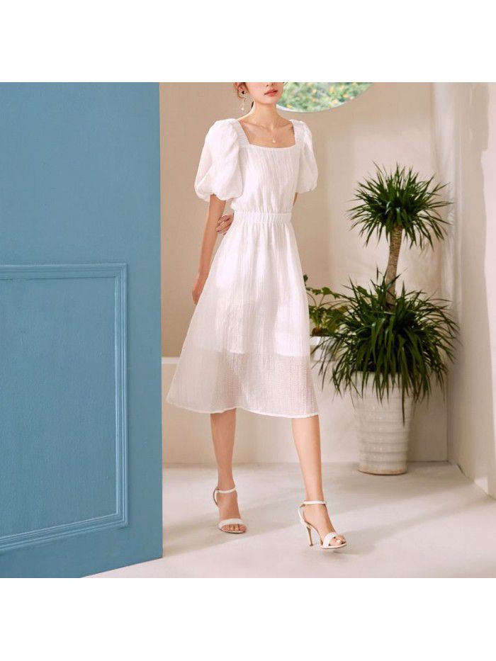 French Short Sleeve Dress Summer New Square Neck Lantern Sleeves Elegant High Waist A-line Dress 