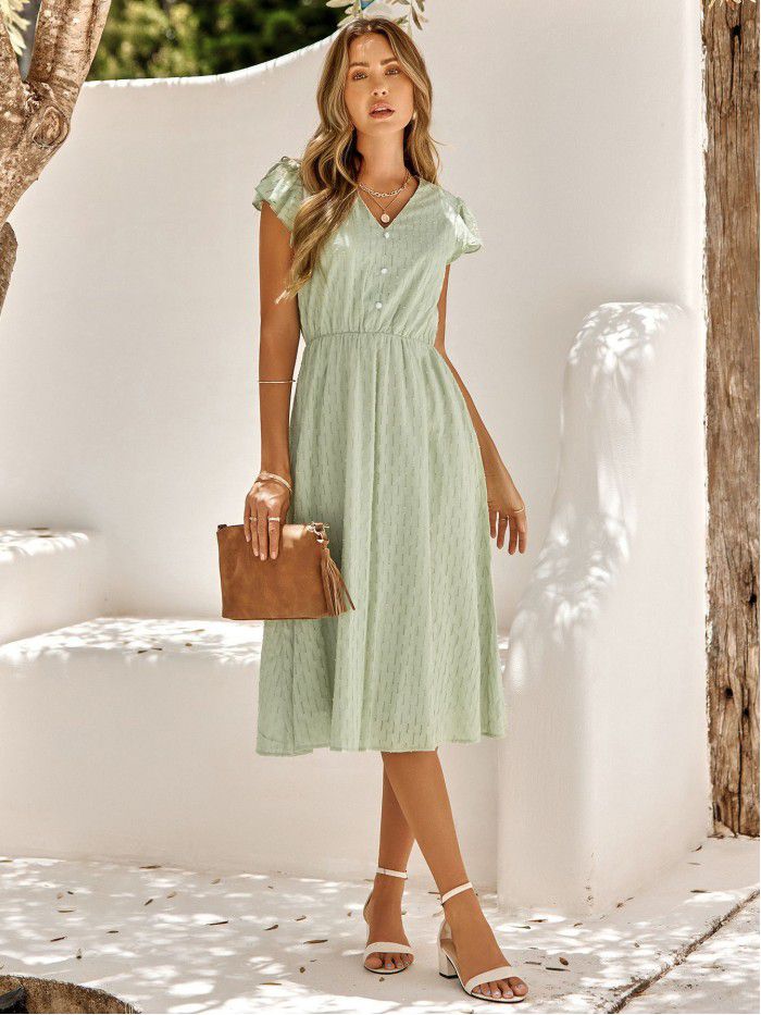 Summer New Casual Women's Wear European and American Solid V-Neck Waist Wrapped Fresh Style Dress for Women 